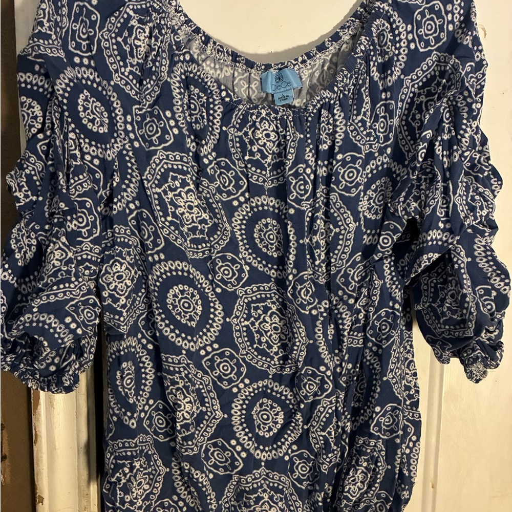 CeCe Navy and White Medallion Peasant Blouse